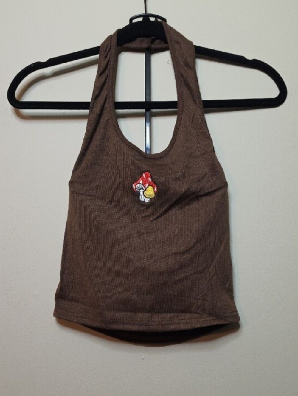 WoWo Brown Ribbed Knit Embroidered Mushroom Halter Crop Top